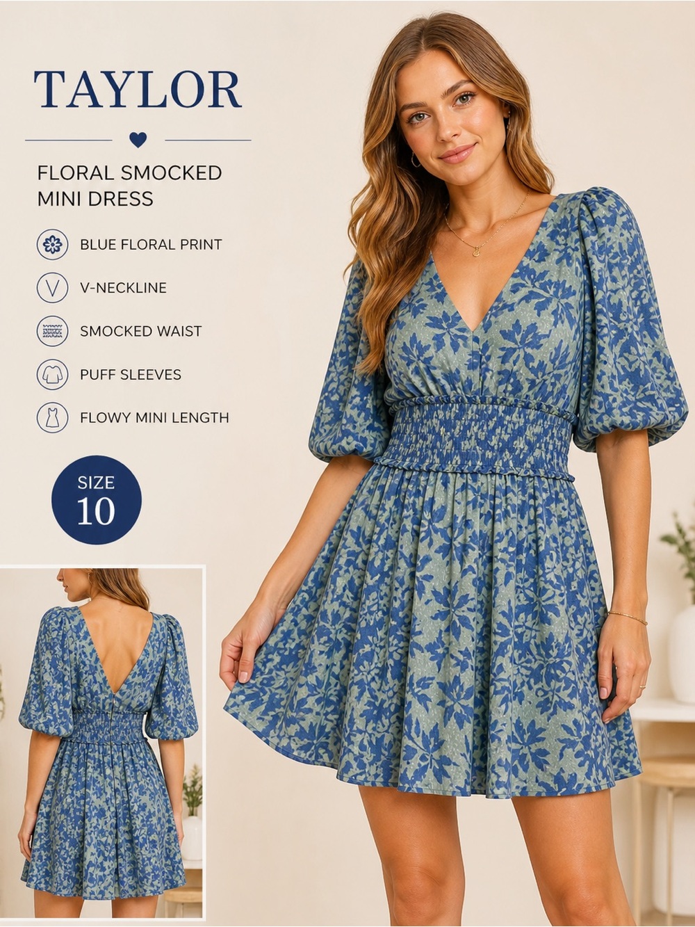 Taylor Blue Floral Smocked Waist Mini Dress Puff Sleeve V-Neck Size 10